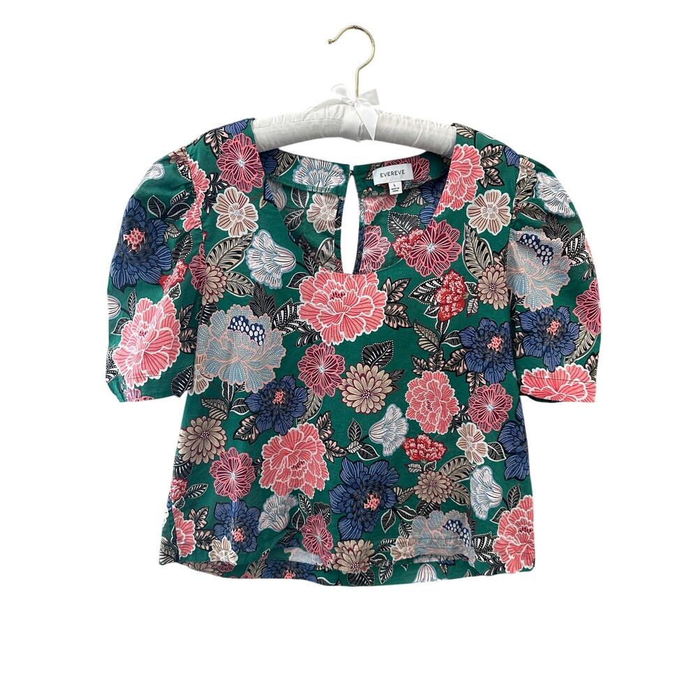 EVEREVE Floral Cotton Blouse Green Pink Puff Sleeve Scoop Neck Top | Large
